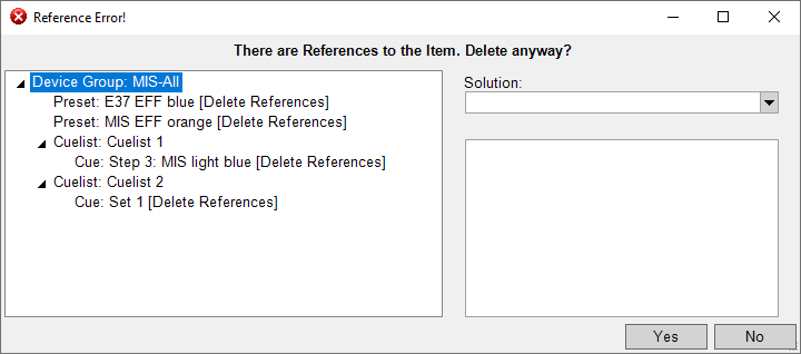 Abbildung 5:Referenzfehler beim Löschen einer Gerätegruppe