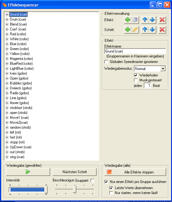 Abbildung 1:Es sind nicht alle Farben oder Funktionen der Futurelights als Effekt programmiert, weil ich sie nicht wirklich gebraucht hätte.