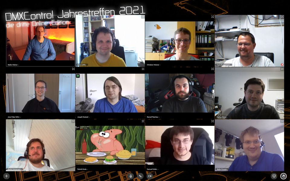 Der Verein beim Gruppen-Screenshot vor dem letzten "offiziellen" Programmpunkt des 2021-1er Treffen: Stefan Ki., Arne, Christian, Frank Br., Frank Bu., Jens-Peter, Jospeh, Marcel, Markus, Moritz, Patrick*, Samuel, Stefan Kr. (von oben links nach unten rechts)