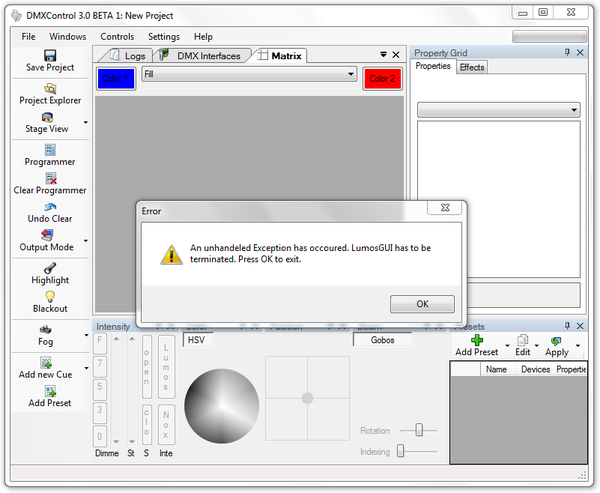 Abbildung 1:Fehlermeldung in DMXControl 3 Beta